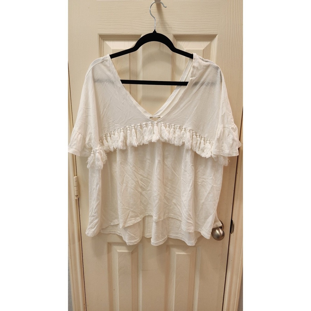 ZARA White Flutter Sleeve V‎ Neck Knit Top Tassel Trim Babydoll Style Size M